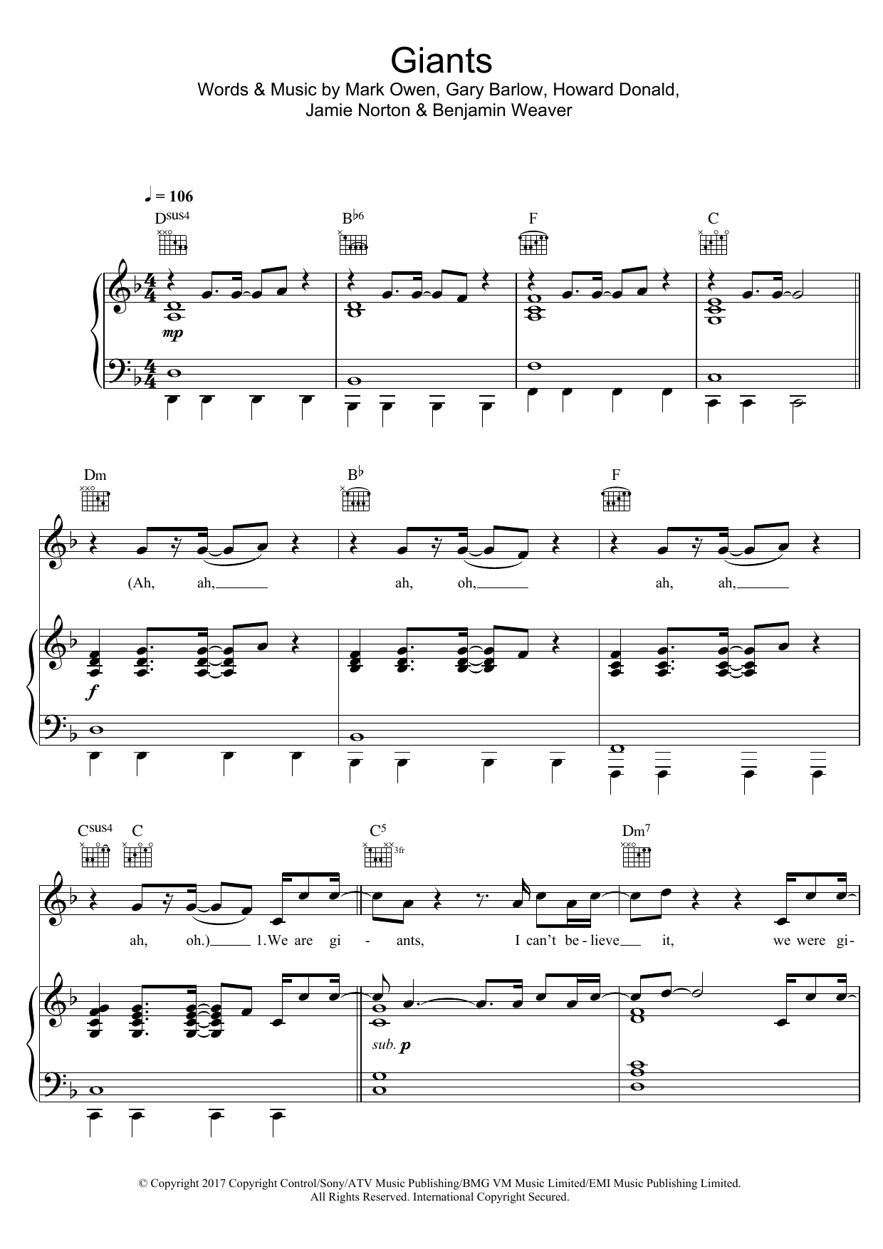 Take That Giants sheet music notes and chords arranged for Piano, Vocal & Guitar Chords