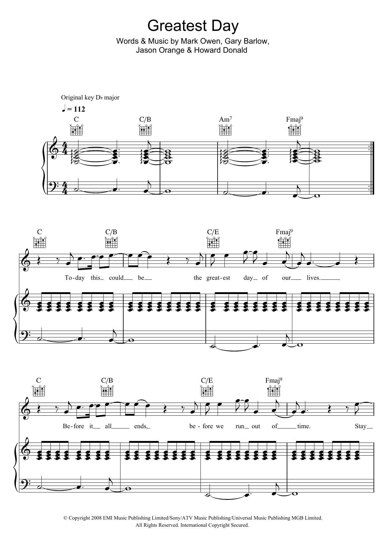 Take That Greatest Day sheet music notes and chords arranged for Beginner Piano