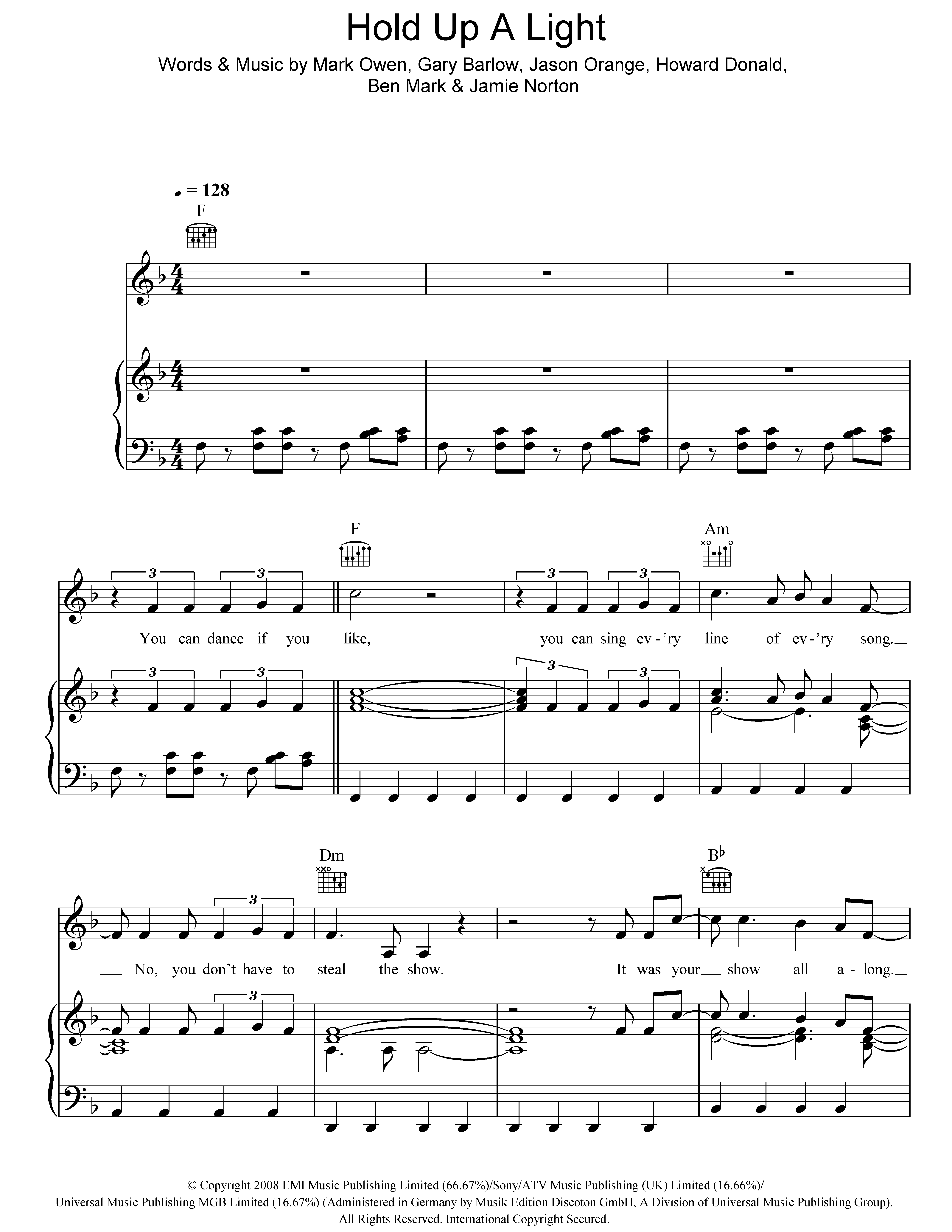 Take That Hold Up A Light sheet music notes and chords arranged for Piano, Vocal & Guitar Chords