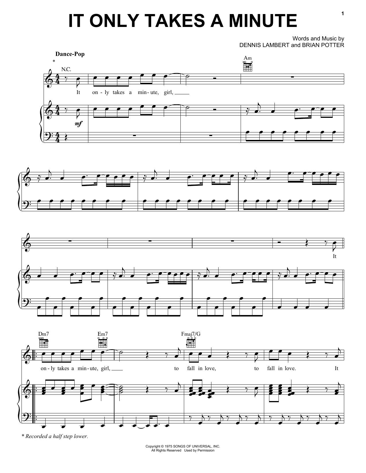 Take That It Only Takes A Minute sheet music notes and chords arranged for Piano, Vocal & Guitar Chords (Right-Hand Melody)