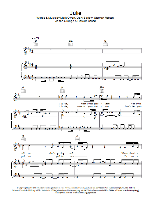 Take That Julie sheet music notes and chords arranged for Piano, Vocal & Guitar Chords
