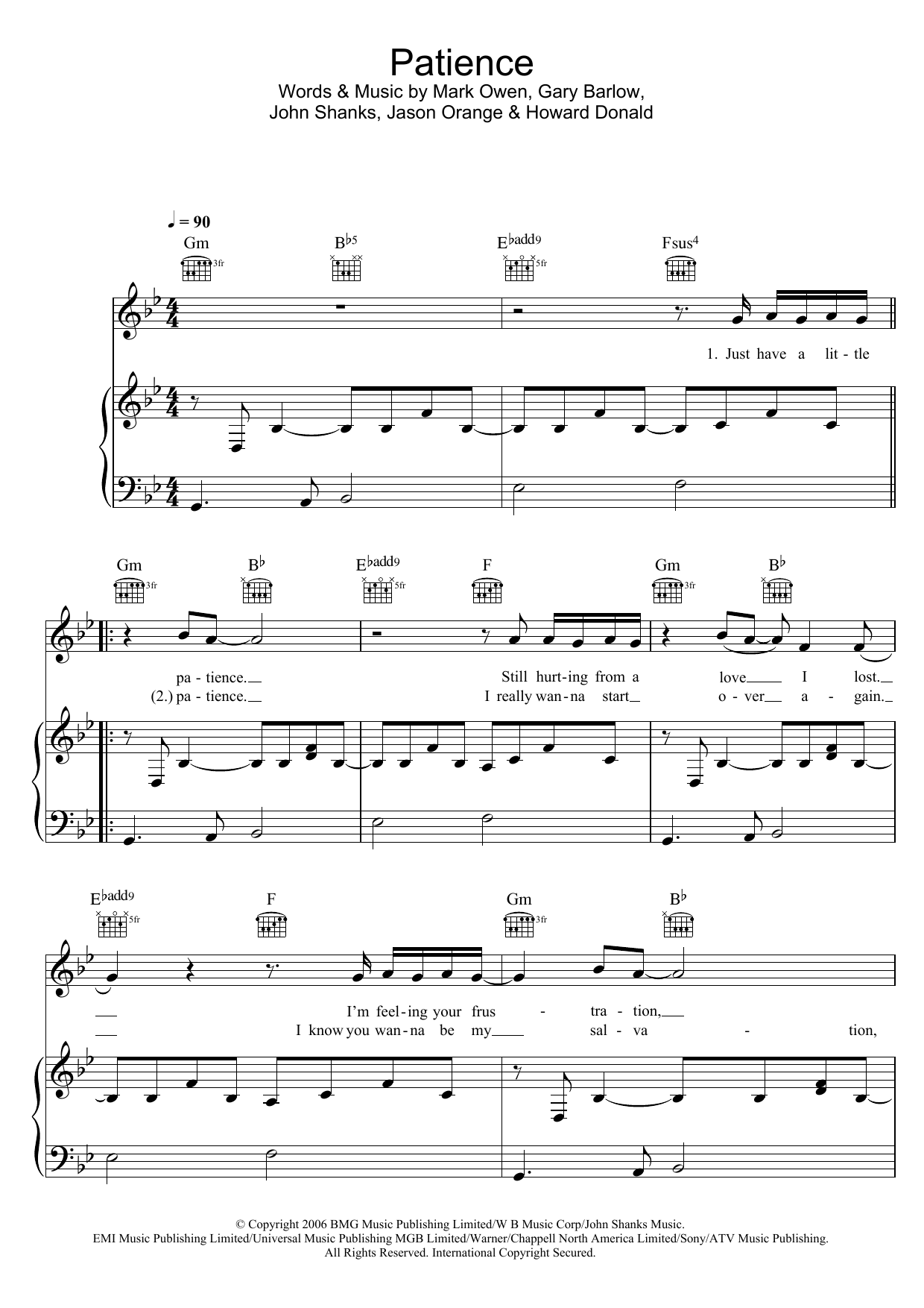 Take That Patience sheet music notes and chords arranged for Piano Solo