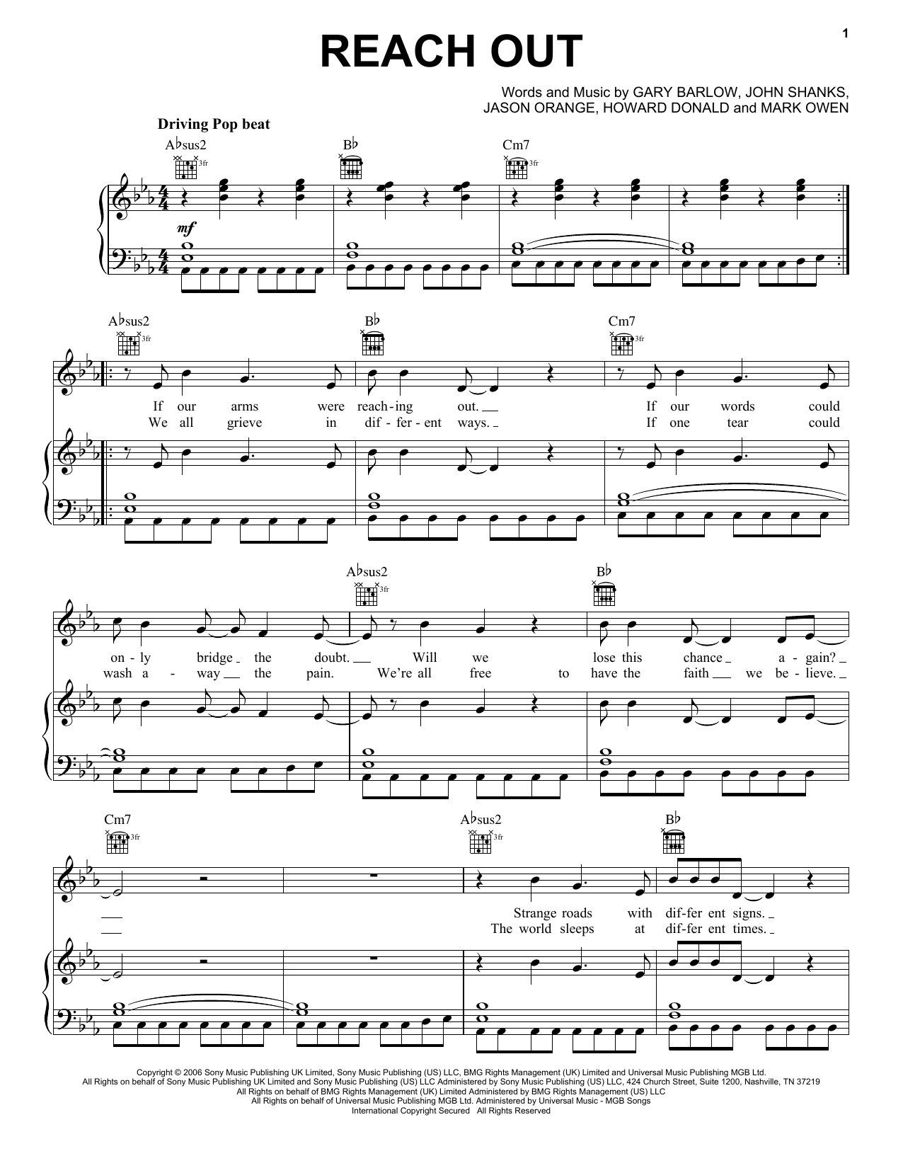 Take That Reach Out sheet music notes and chords arranged for Piano, Vocal & Guitar Chords (Right-Hand Melody)