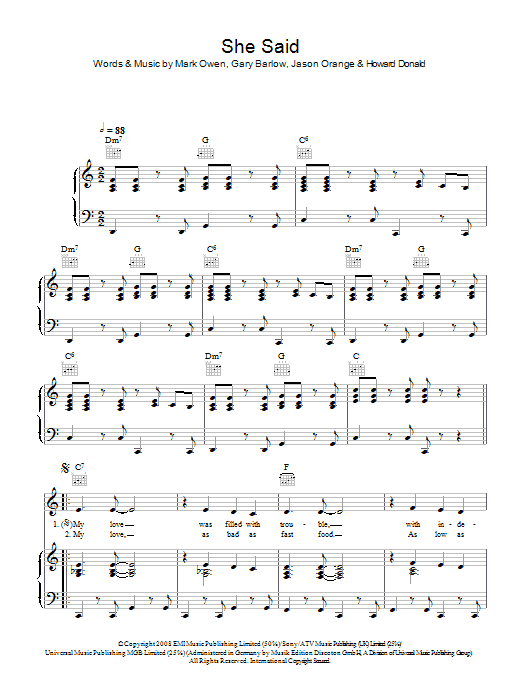 Take That She Said sheet music notes and chords arranged for Piano, Vocal & Guitar Chords