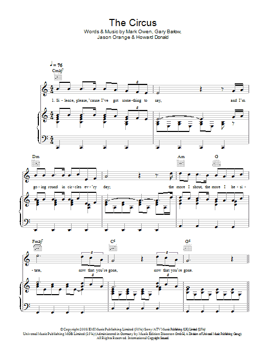 Take That The Circus sheet music notes and chords arranged for Piano, Vocal & Guitar Chords