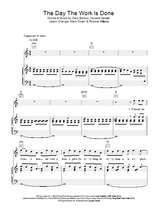 Take That The Day The Work Is Done sheet music notes and chords arranged for Piano, Vocal & Guitar Chords