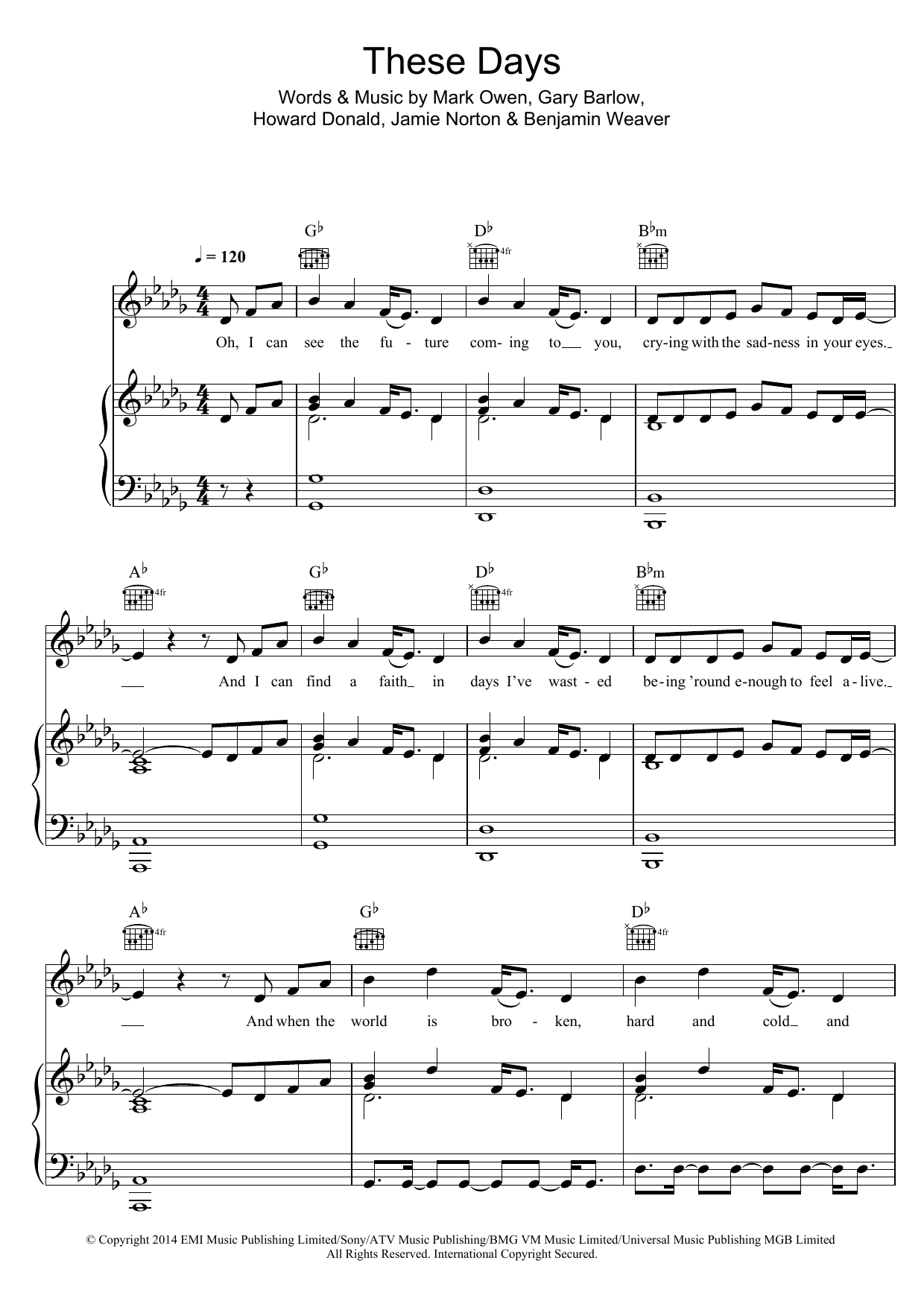 Take That These Days sheet music notes and chords arranged for Piano, Vocal & Guitar Chords