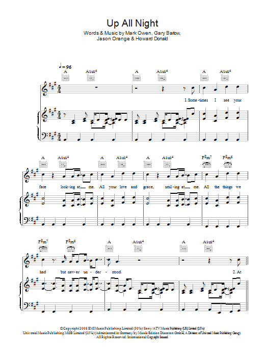 Take That Up All Night sheet music notes and chords arranged for Piano, Vocal & Guitar Chords