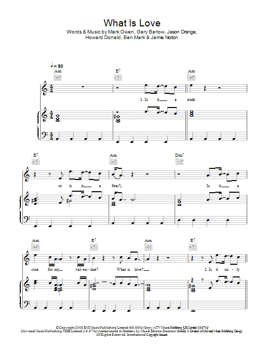 Take That What Is Love sheet music notes and chords arranged for Piano, Vocal & Guitar Chords