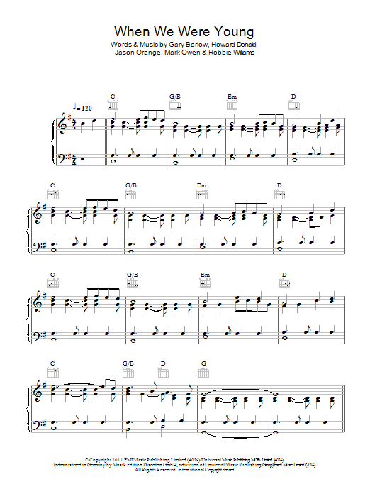 Take That When We Were Young sheet music notes and chords arranged for Piano, Vocal & Guitar Chords