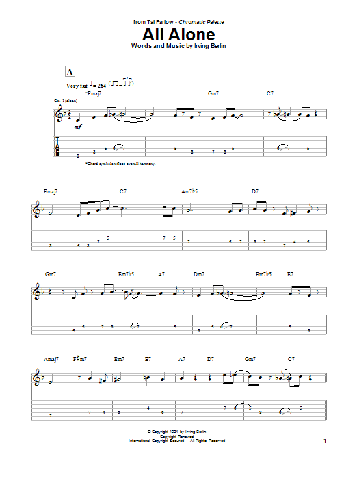 Tal Farlow All Alone sheet music notes and chords arranged for Guitar Tab