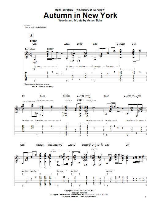 Tal Farlow Autumn In New York sheet music notes and chords arranged for Guitar Tab