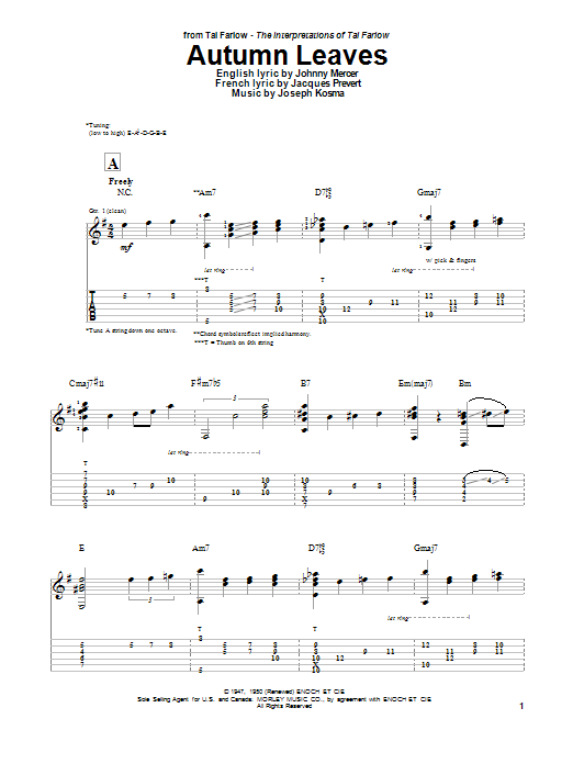 Tal Farlow Autumn Leaves sheet music notes and chords arranged for Guitar Tab