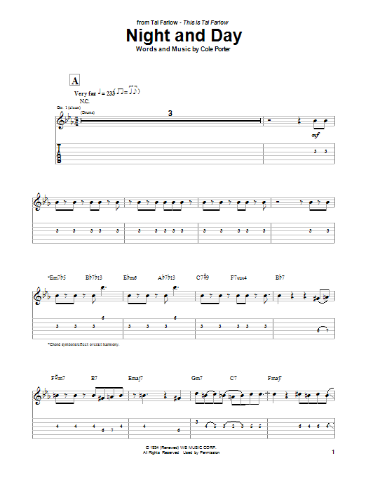 Tal Farlow Night And Day sheet music notes and chords arranged for Guitar Tab
