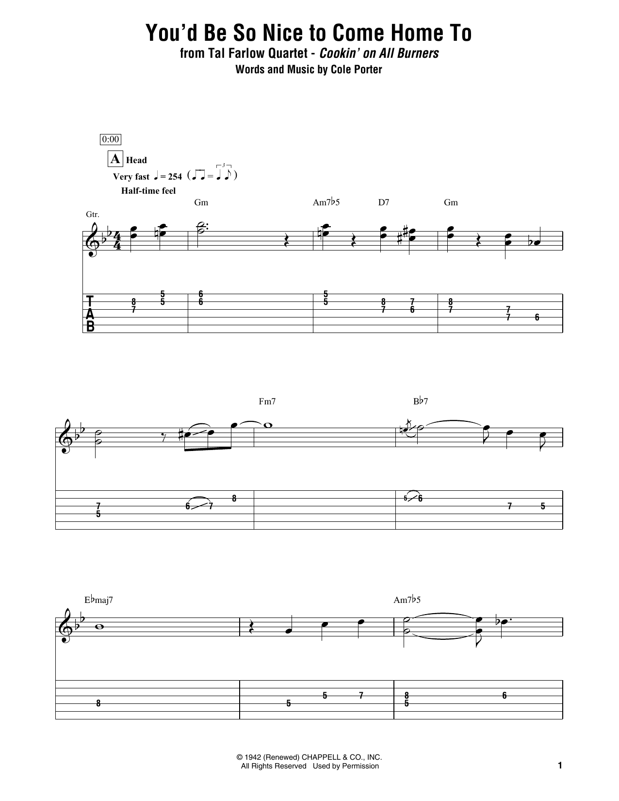 Tal Farlow Quartet You'd Be So Nice To Come Home To sheet music notes and chords arranged for Electric Guitar Transcription