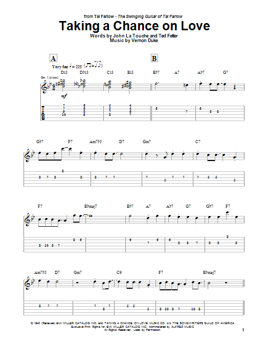 Tal Farlow Taking A Chance On Love sheet music notes and chords arranged for Guitar Tab