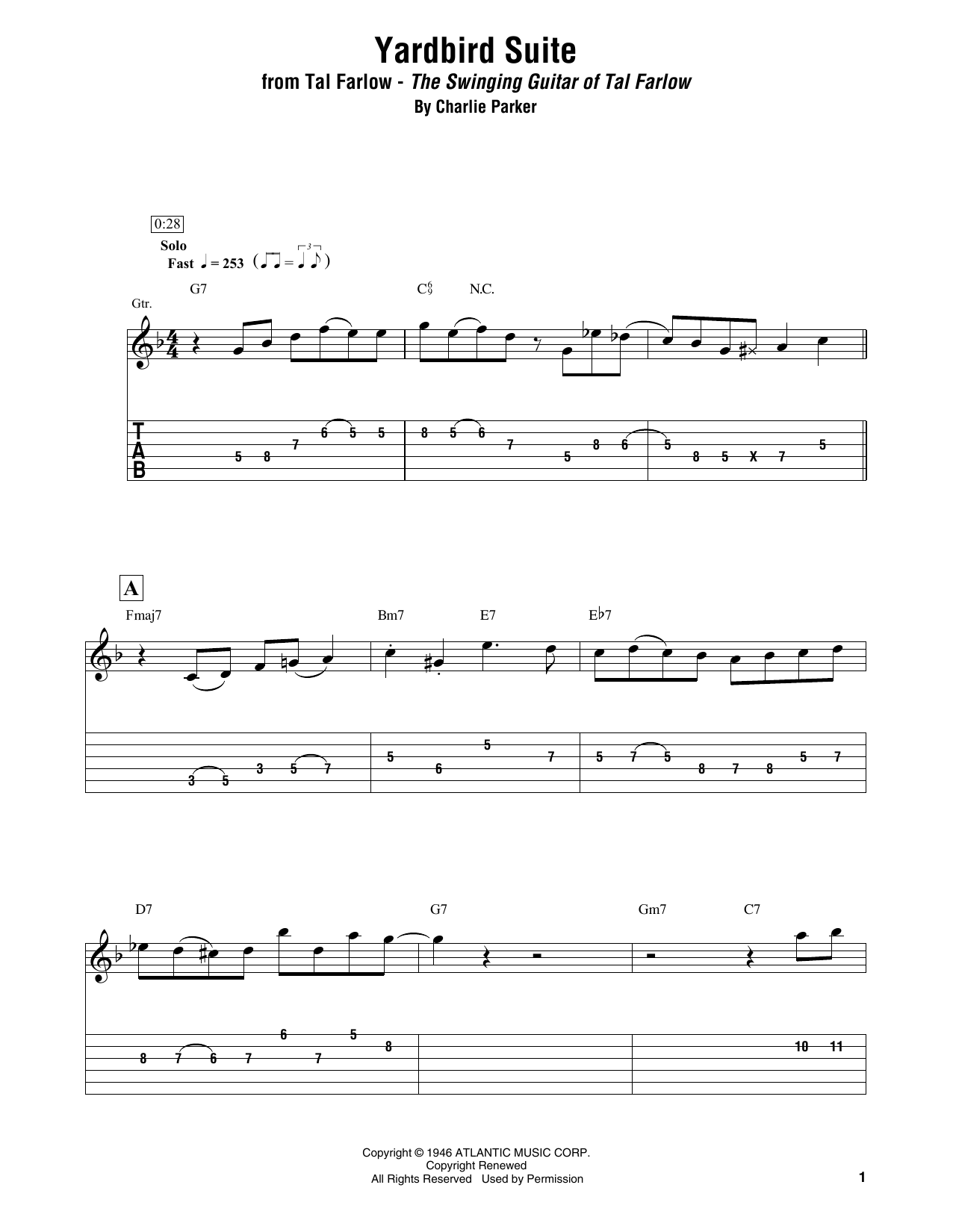 Tal Farlow Yardbird Suite sheet music notes and chords arranged for Electric Guitar Transcription