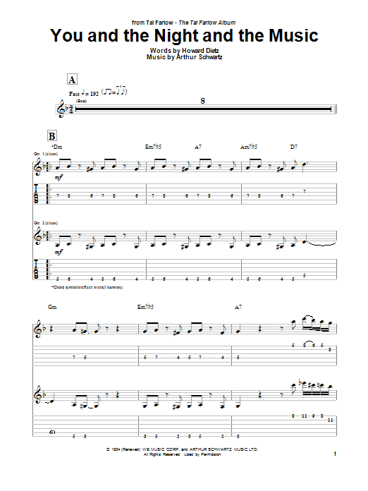 Tal Farlow You And The Night And The Music sheet music notes and chords arranged for Guitar Tab