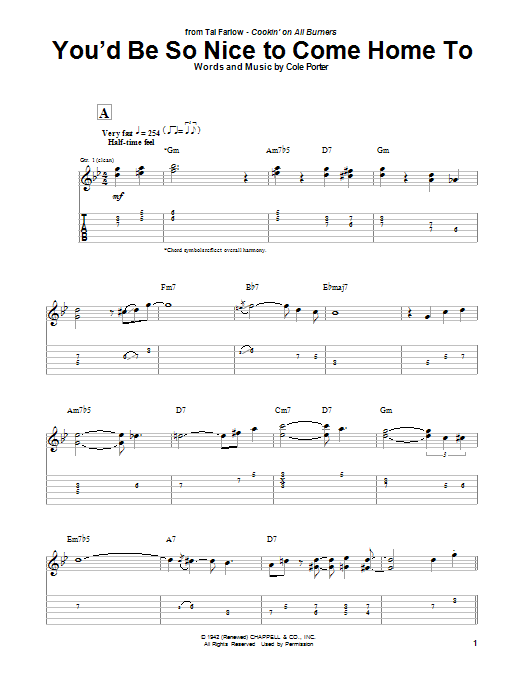 Tal Farlow You'd Be So Nice To Come Home To sheet music notes and chords arranged for Guitar Tab