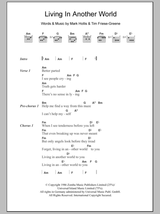 Talk Talk Living In Another World sheet music notes and chords arranged for Guitar Chords/Lyrics