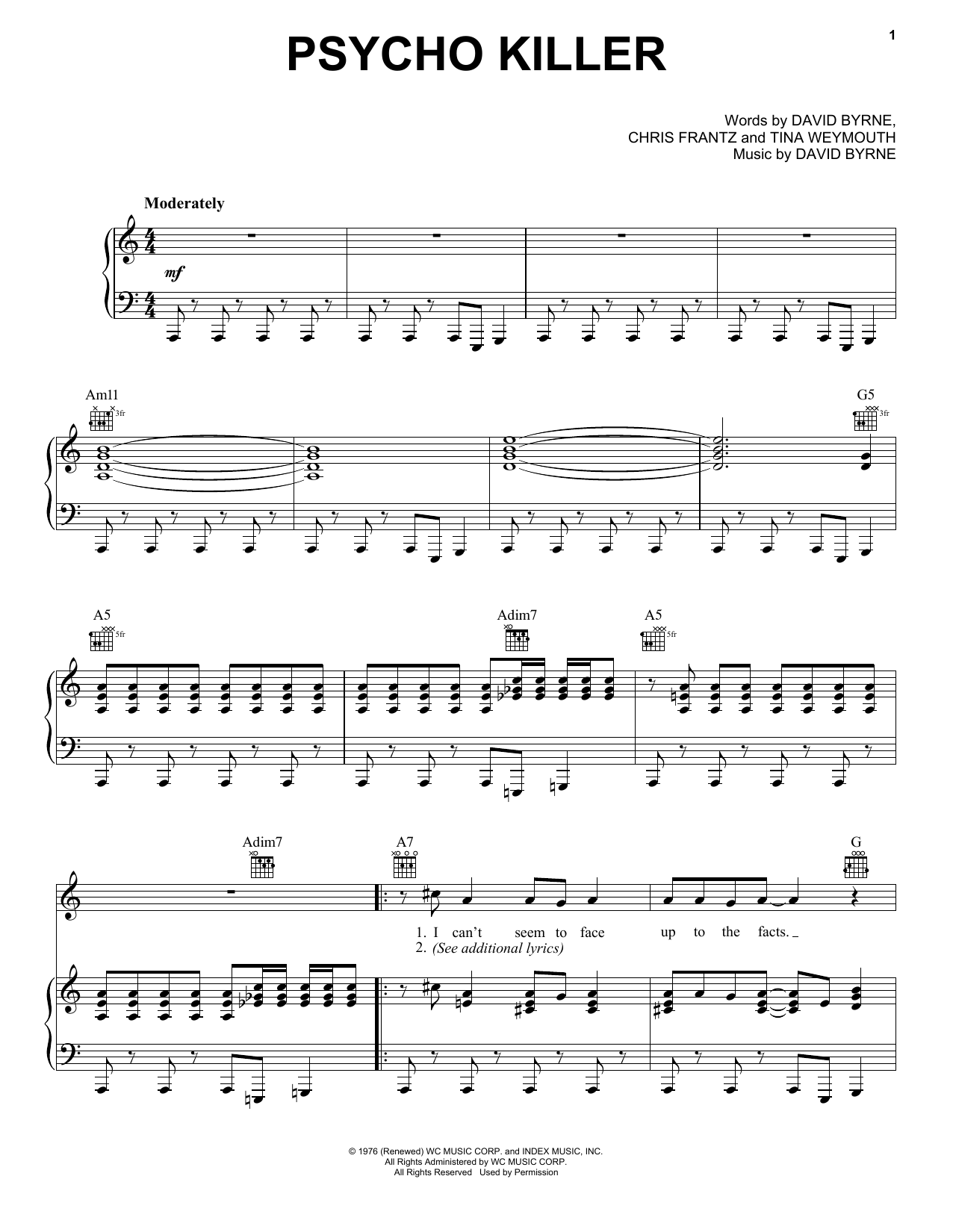 Talking Heads Psycho Killer sheet music notes and chords arranged for Piano, Vocal & Guitar Chords (Right-Hand Melody)