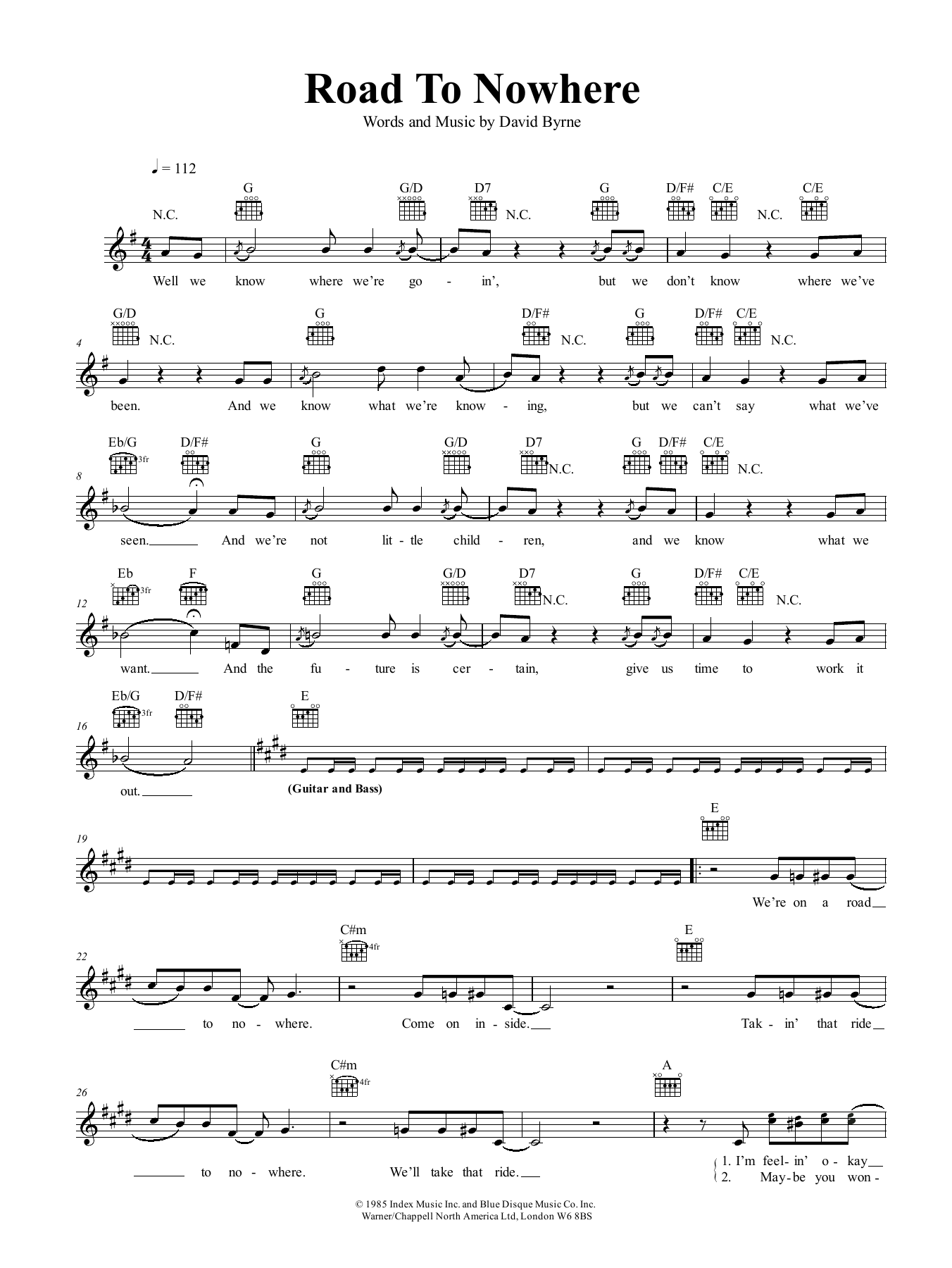 Talking Heads Road To Nowhere sheet music notes and chords arranged for Guitar Chords/Lyrics