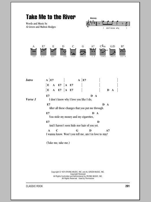 Talking Heads Take Me To The River sheet music notes and chords arranged for Guitar Chords/Lyrics