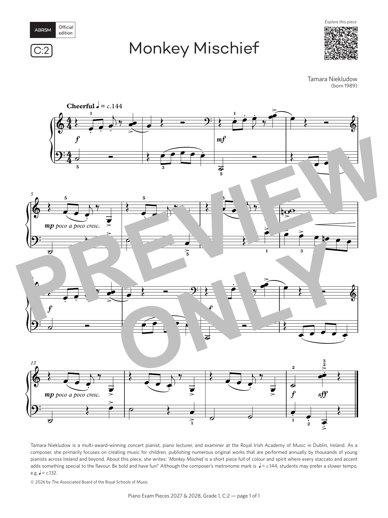 Tamara Niekludow Monkey Mischief (Grade 1, list C2, from the ABRSM Piano Syllabus 2027 & 2028) sheet music notes and chords arranged for Piano Solo