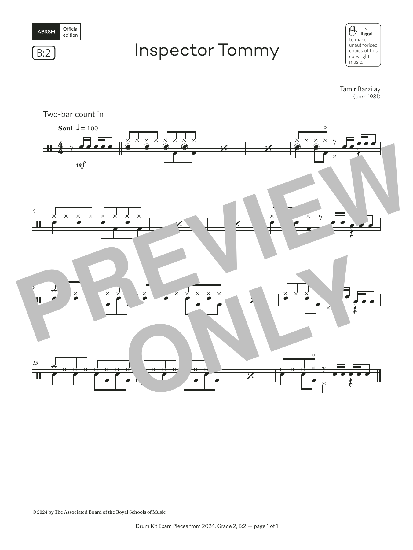Tamir Barzilay Inspector Tommy (Grade 2, list B2, from the ABRSM Drum Kit Syllabus 2024) sheet music notes and chords arranged for Drums