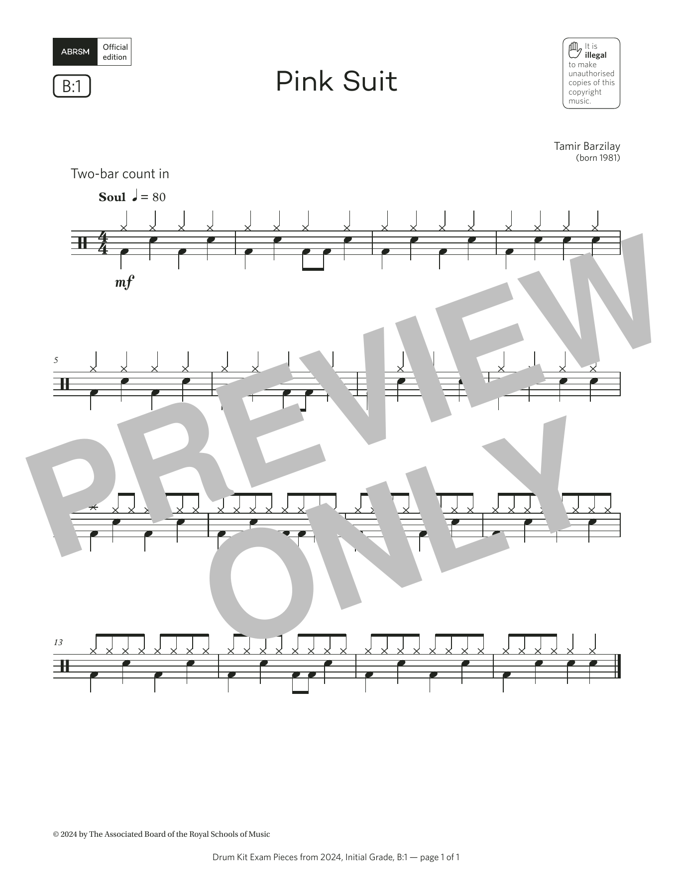Tamir Barzilay Pink Suit (Grade Initial, list B1, from the ABRSM Drum Kit Syllabus 2024) sheet music notes and chords arranged for Drums