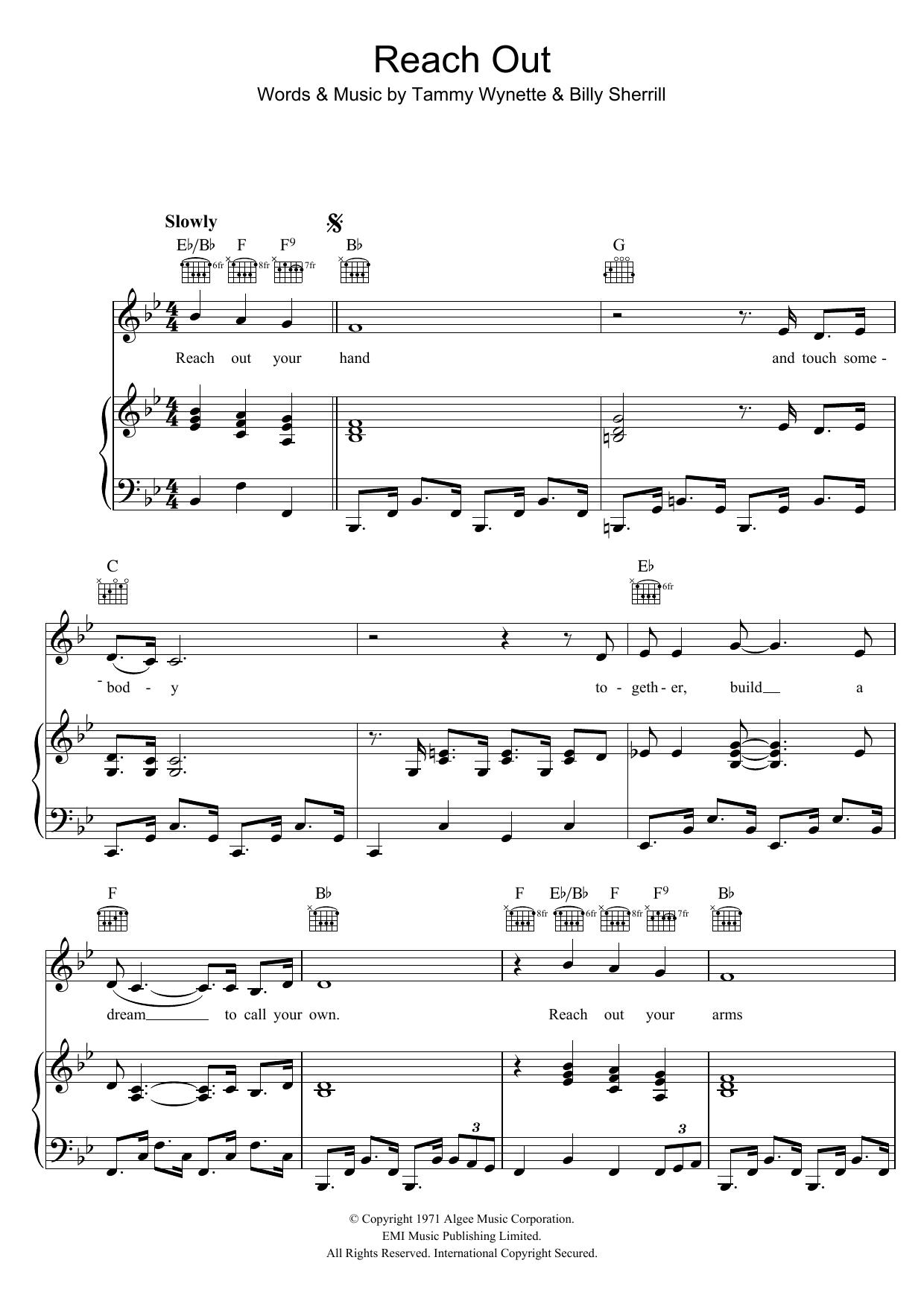 Tammy Wynette Reach Out Your Hand sheet music notes and chords arranged for Piano, Vocal & Guitar Chords