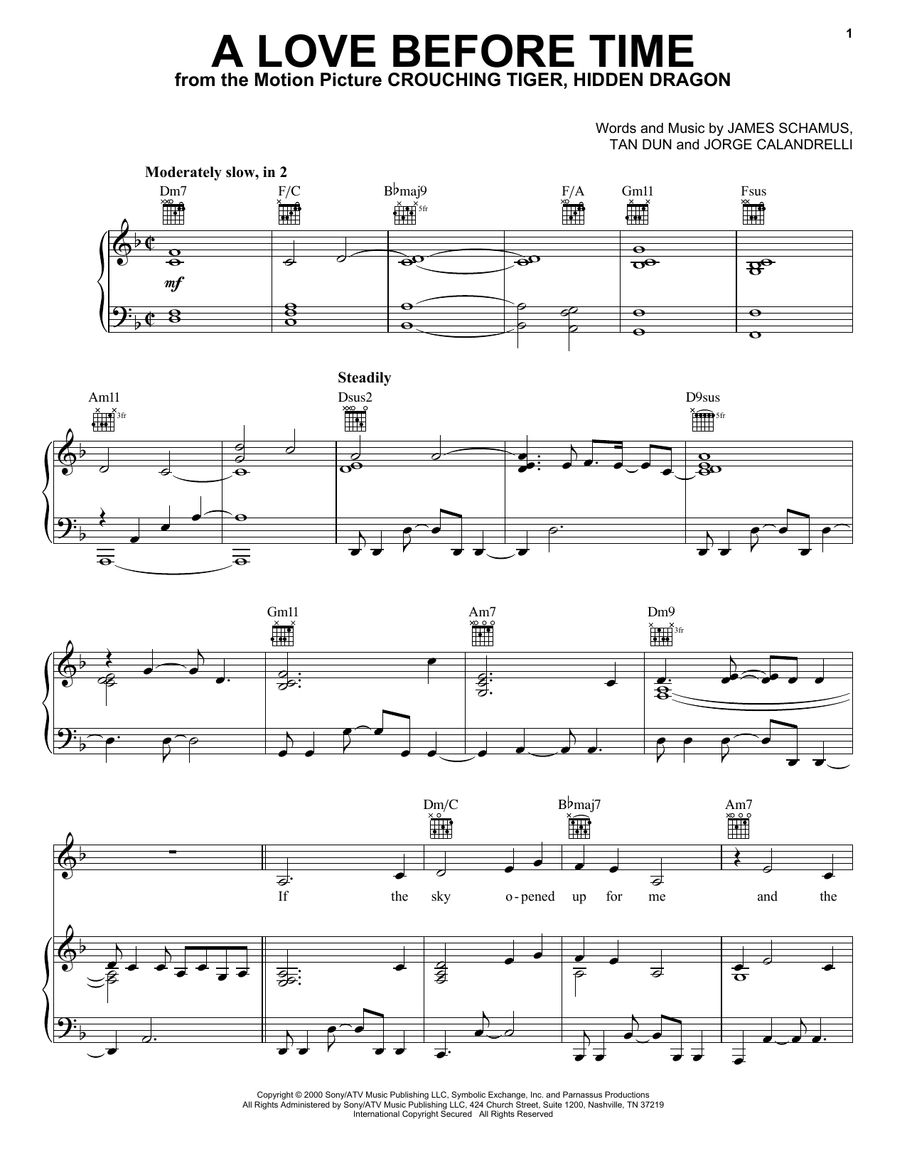 Tan Dun A Love Before Time (from Crouching Tiger, Hidden Dragon) sheet music notes and chords arranged for Piano, Vocal & Guitar Chords (Right-Hand Melody)