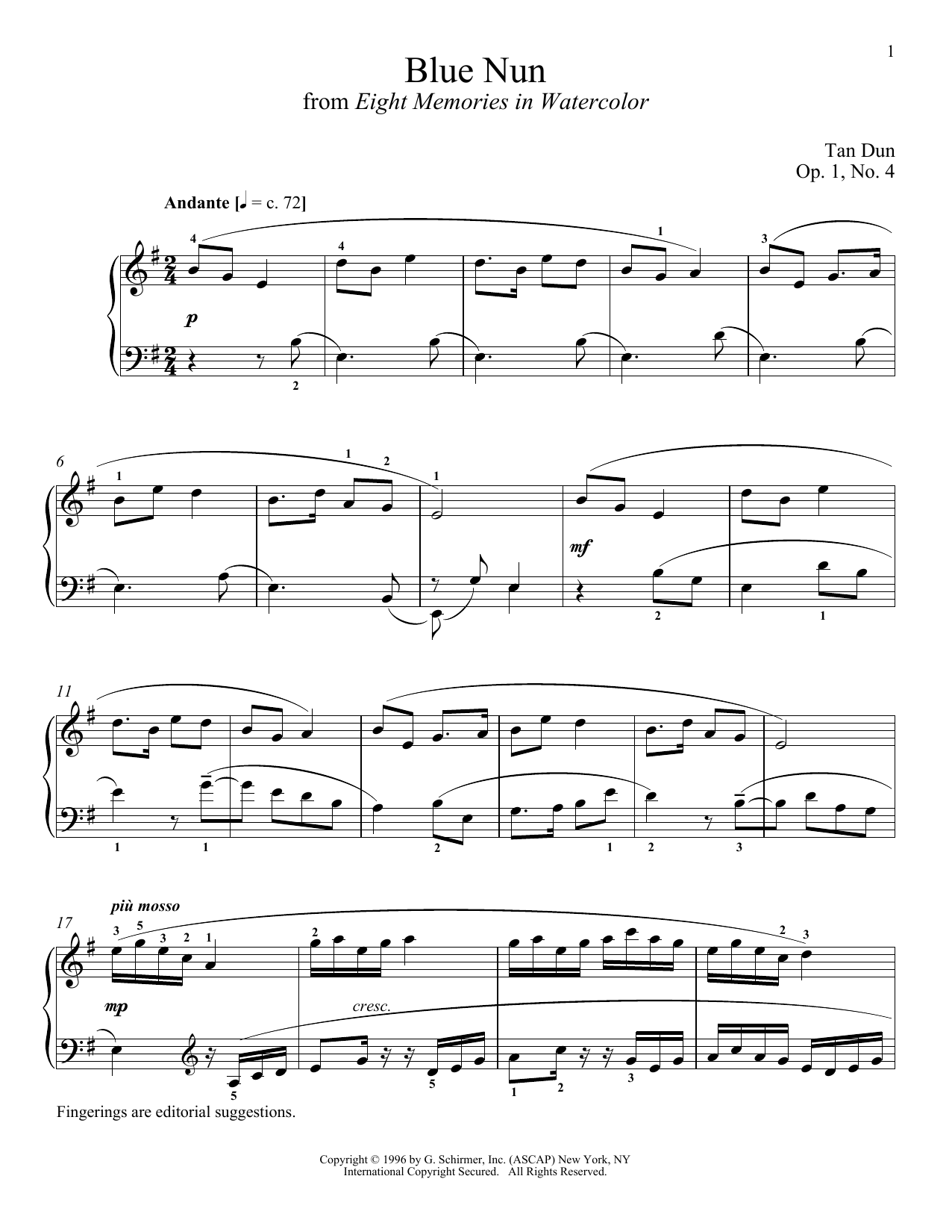 Tan Dun Blue Nun sheet music notes and chords arranged for Piano Solo