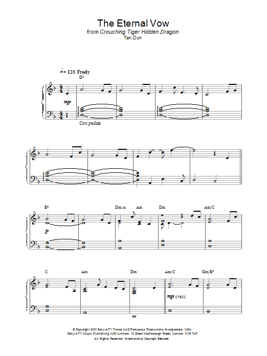 Tan Dun The Eternal Vow from Crouching Tiger, Hidden Dragon sheet music notes and chords arranged for Piano Solo