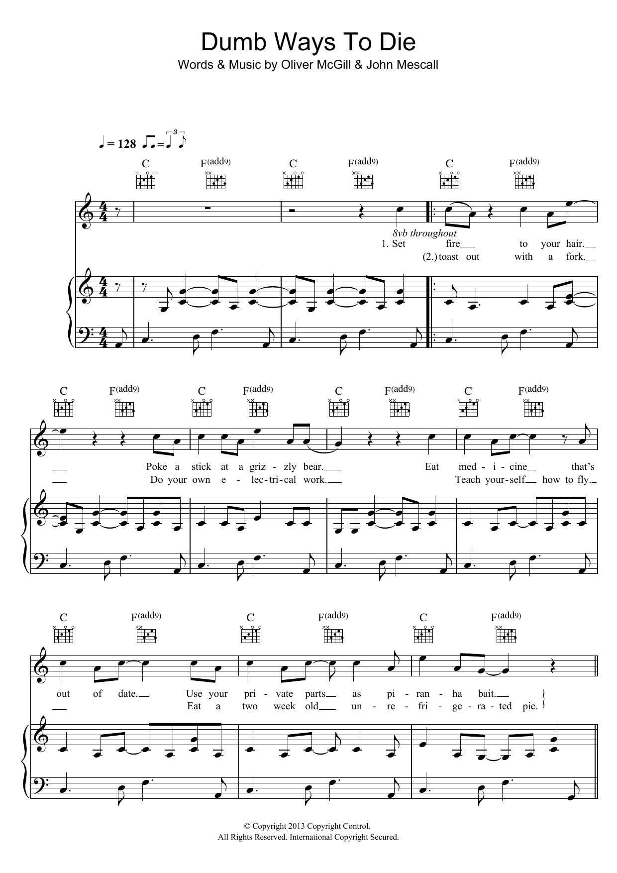 Tangerine Kitty Dumb Ways To Die sheet music notes and chords arranged for Piano, Vocal & Guitar Chords