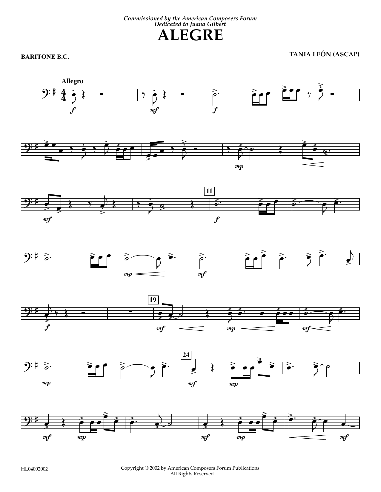 Tania Leon Alegre - Baritone B.C. sheet music notes and chords arranged for Concert Band