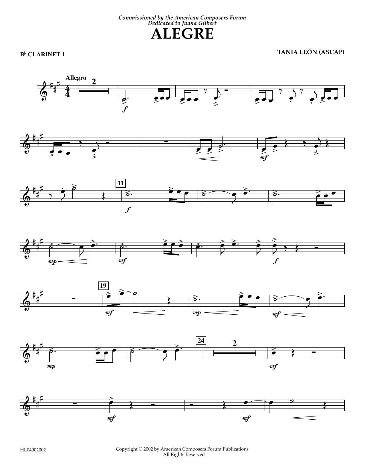 Tania Leon Alegre - Bb Clarinet 1 sheet music notes and chords arranged for Concert Band