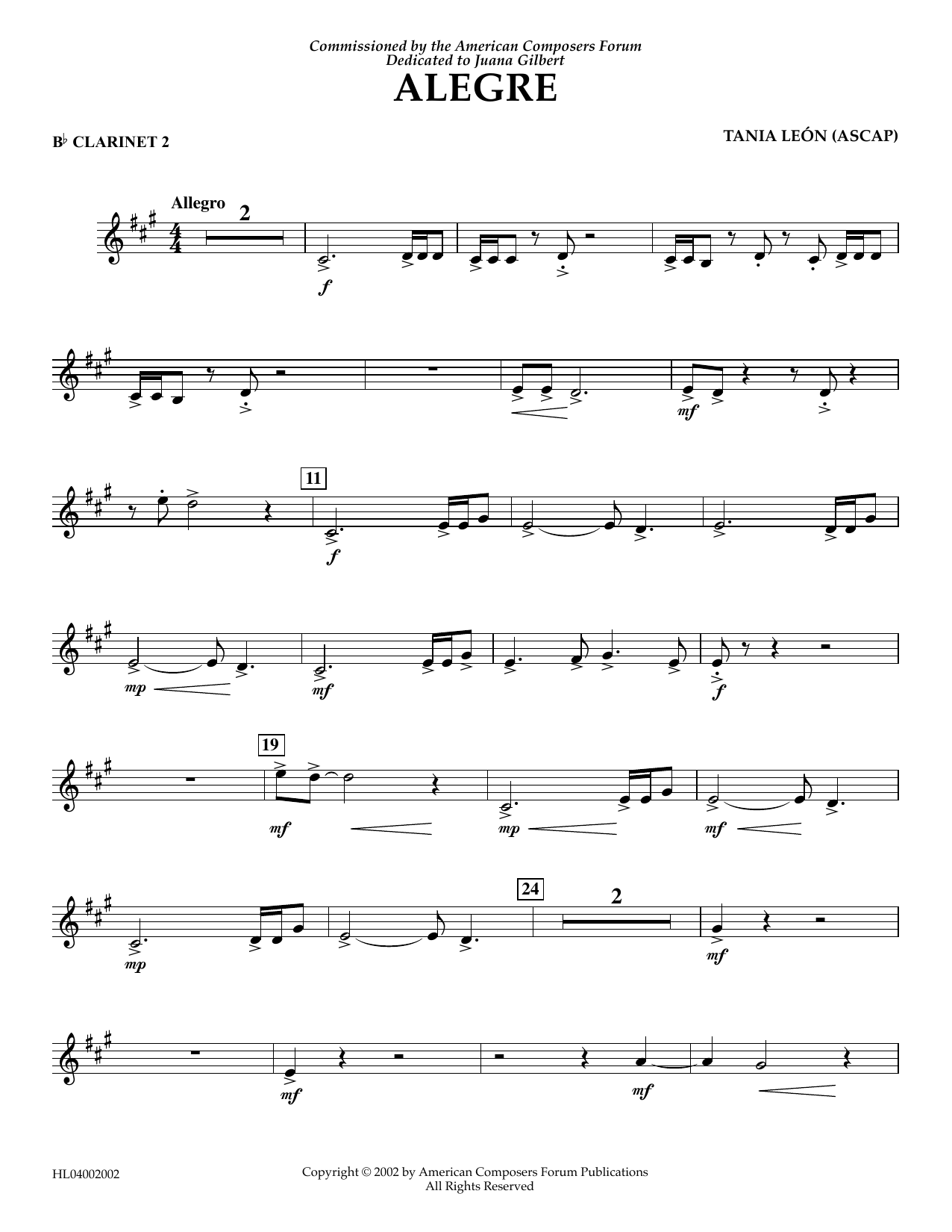 Tania Leon Alegre - Bb Clarinet 2 sheet music notes and chords arranged for Concert Band