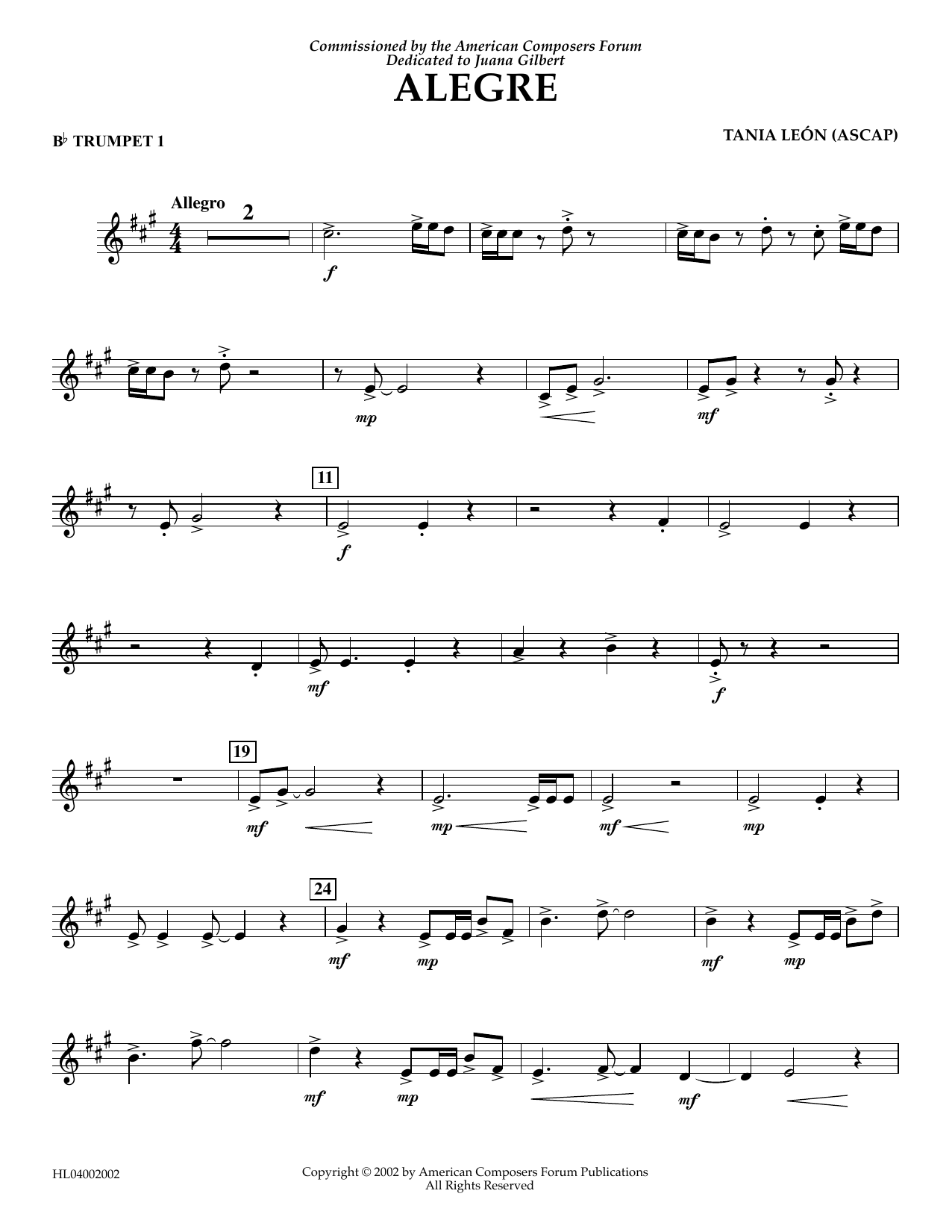 Tania Leon Alegre - Bb Trumpet 1 sheet music notes and chords arranged for Concert Band