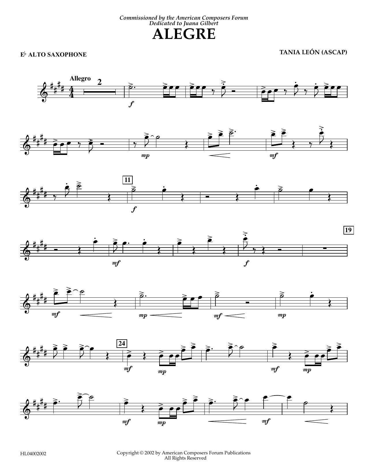 Tania Leon Alegre - Eb Alto Saxophone sheet music notes and chords arranged for Concert Band