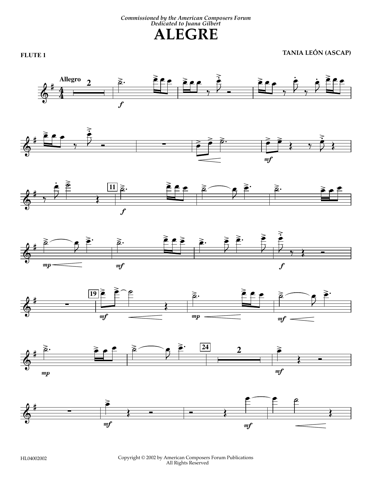 Tania Leon Alegre - Flute 1 sheet music notes and chords arranged for Concert Band