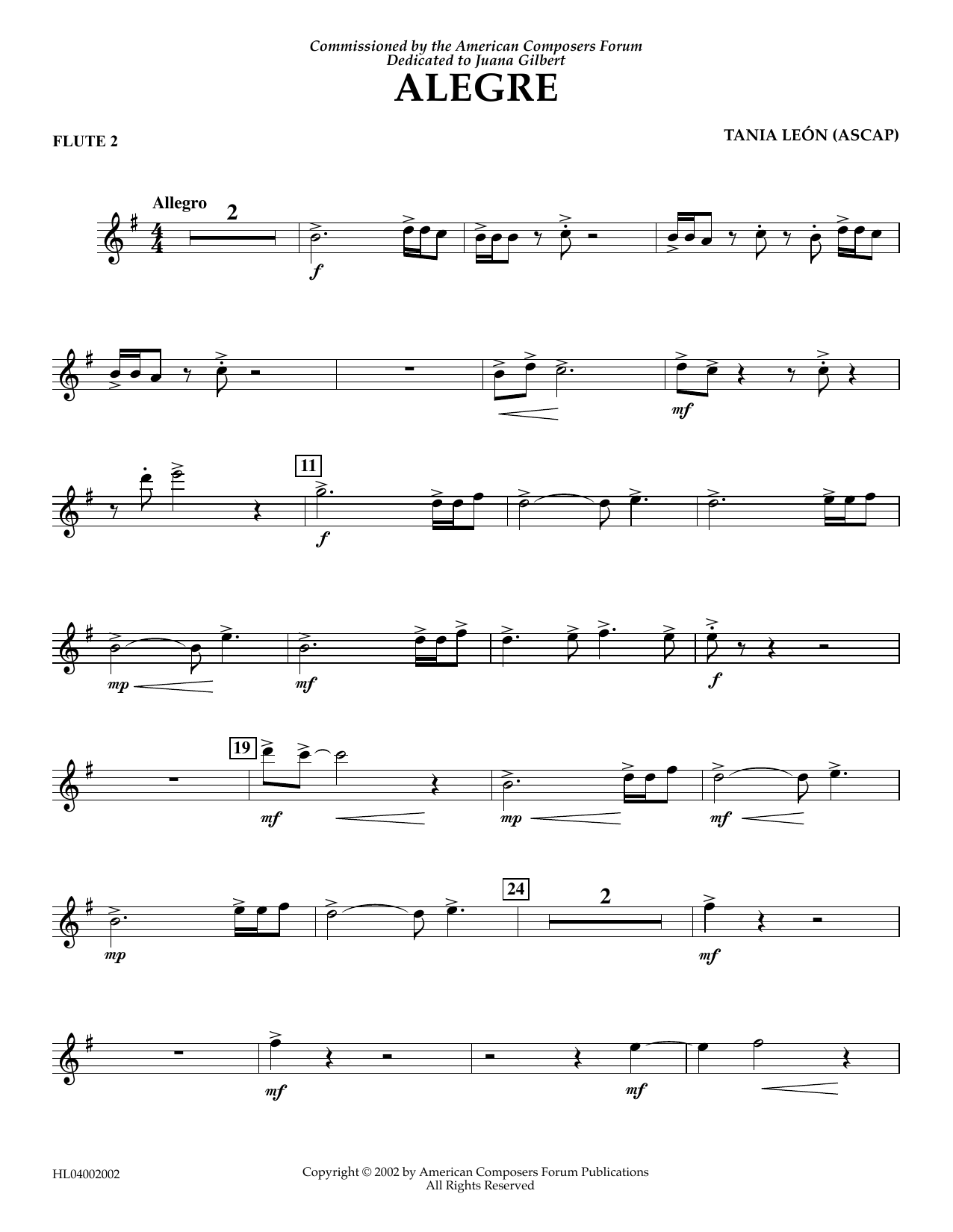 Tania Leon Alegre - Flute 2 sheet music notes and chords arranged for Concert Band
