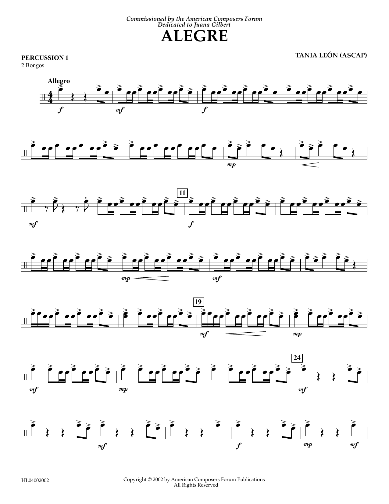 Tania Leon Alegre - Percussion 1 sheet music notes and chords arranged for Concert Band
