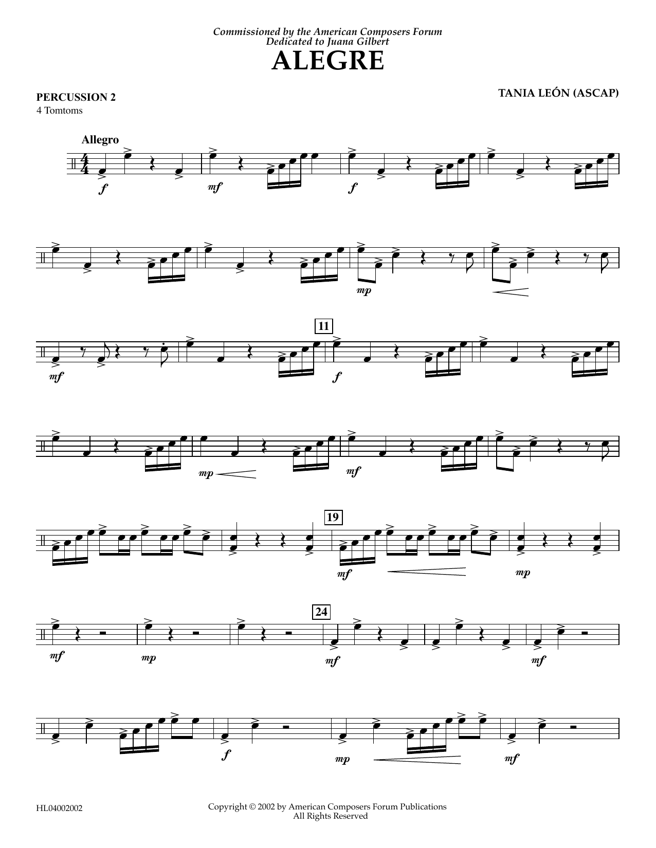 Tania Leon Alegre - Percussion 2 sheet music notes and chords arranged for Concert Band
