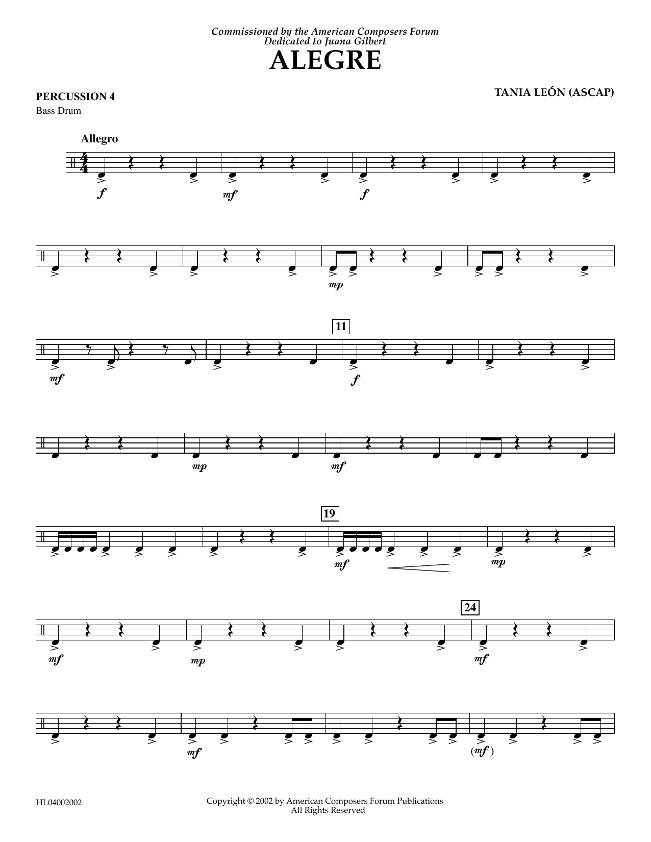 Tania Leon Alegre - Percussion 4 sheet music notes and chords arranged for Concert Band