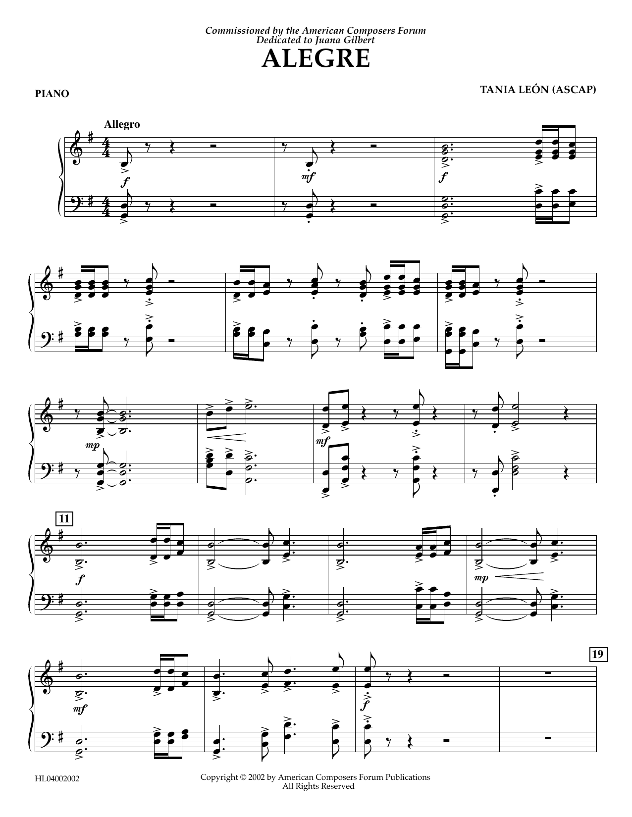 Tania Leon Alegre - Piano sheet music notes and chords arranged for Concert Band