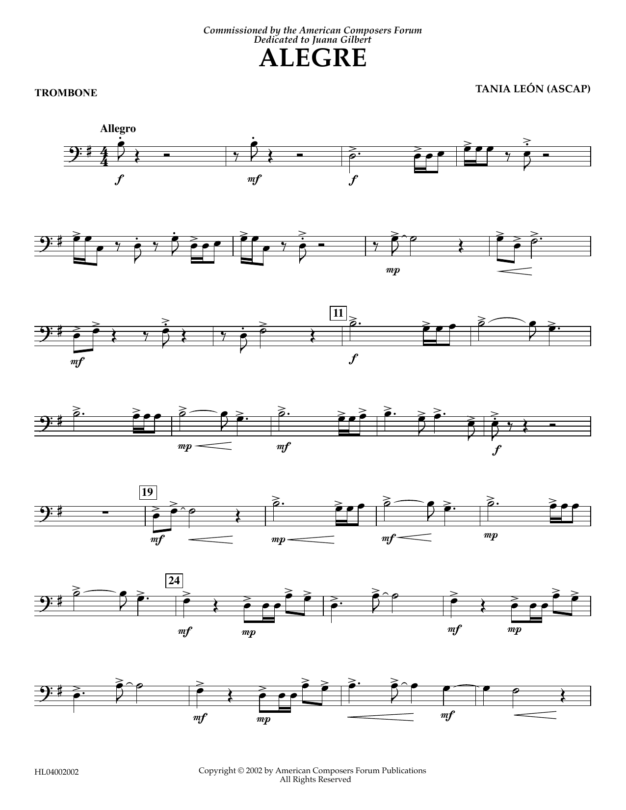 Tania Leon Alegre - Trombone sheet music notes and chords arranged for Concert Band