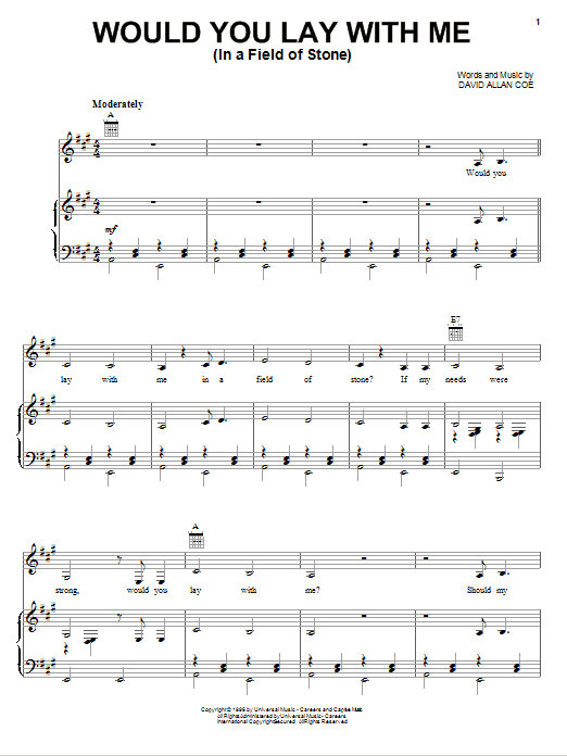 Tanya Tucker Would You Lay With Me (In A Field Of Stone) sheet music notes and chords arranged for Piano, Vocal & Guitar Chords (Right-Hand Melody)
