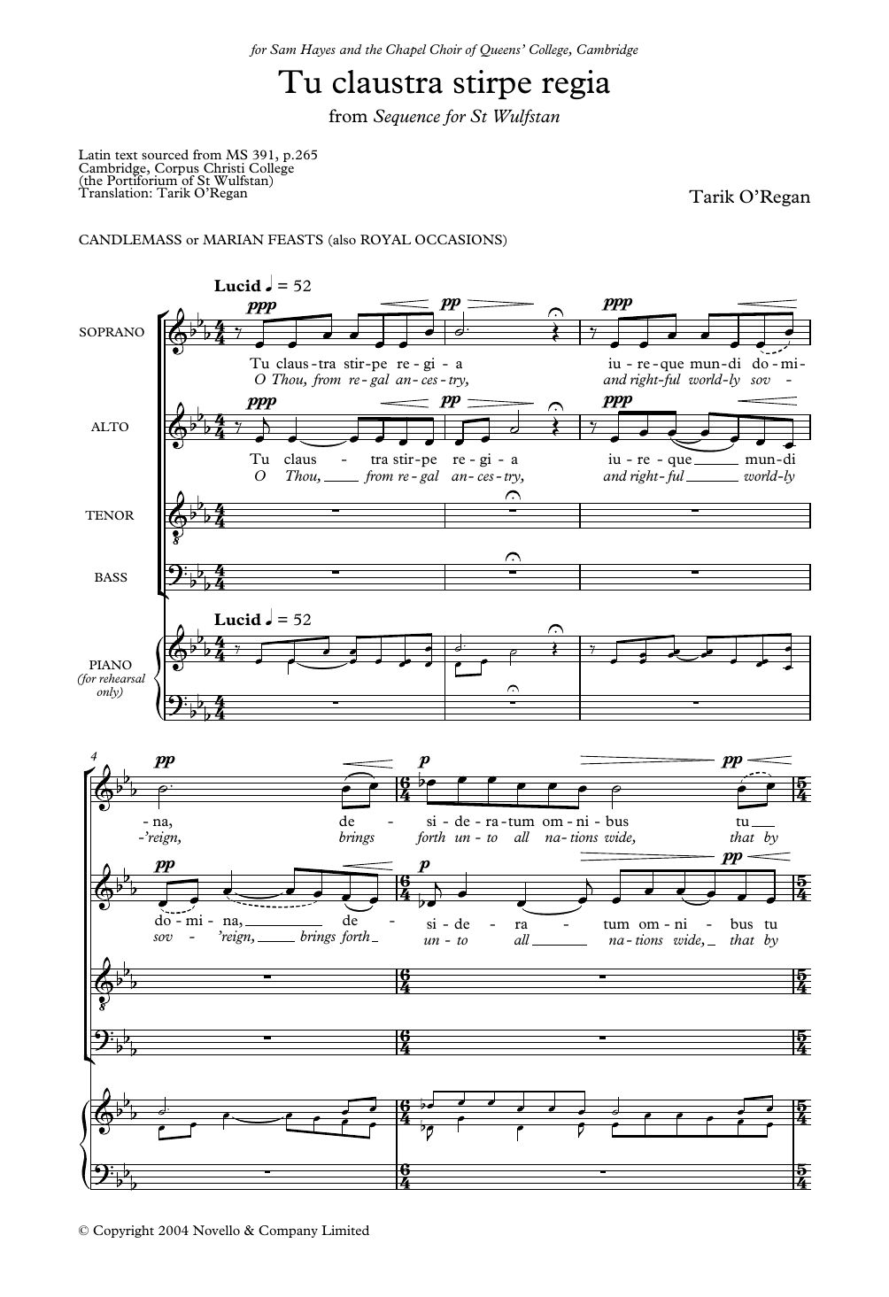 Tarik O'Regan Tu Claustra Stirpe Regia (From Sequence for St Wulfstan) sheet music notes and chords arranged for Choir