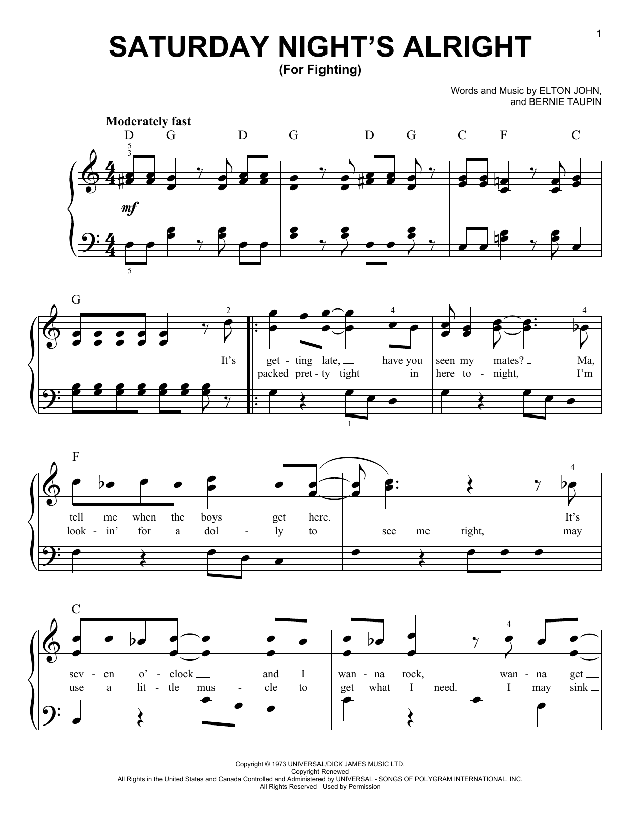 Taron Egerton & Kit Connor Saturday Night's Alright (For Fighting) (from Rocketman) sheet music notes and chords arranged for Easy Piano